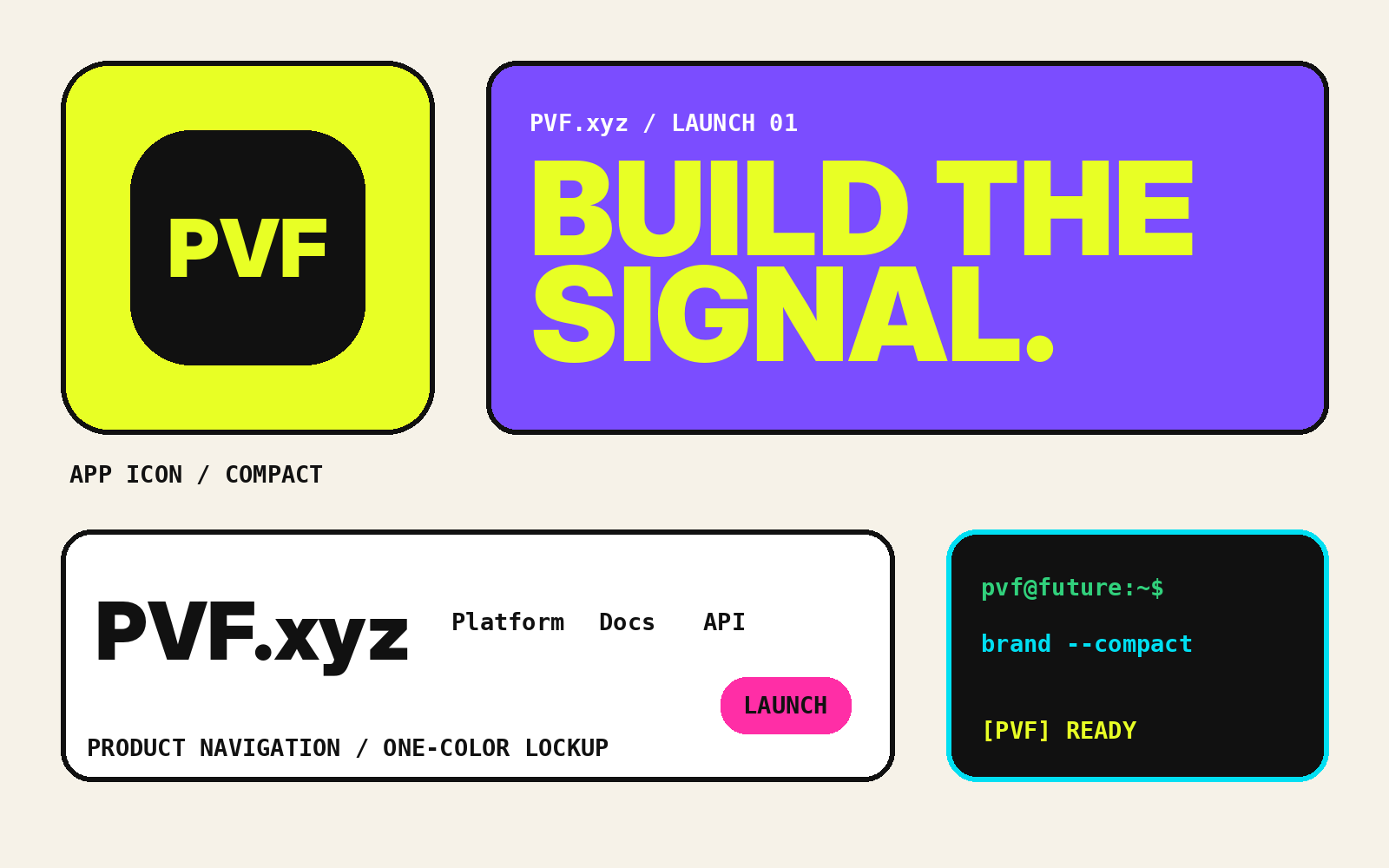 PVF identity shown as an app icon, browser header, social card, and terminal badge