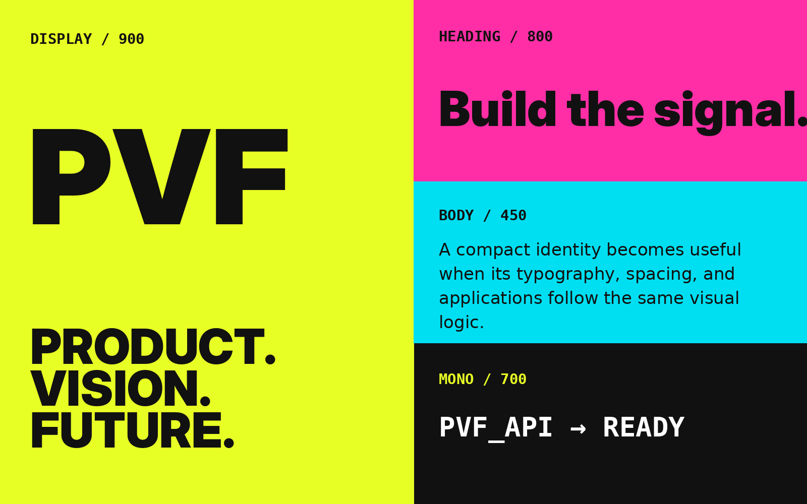 PVF typography specimen showing display, interface, and monospaced roles