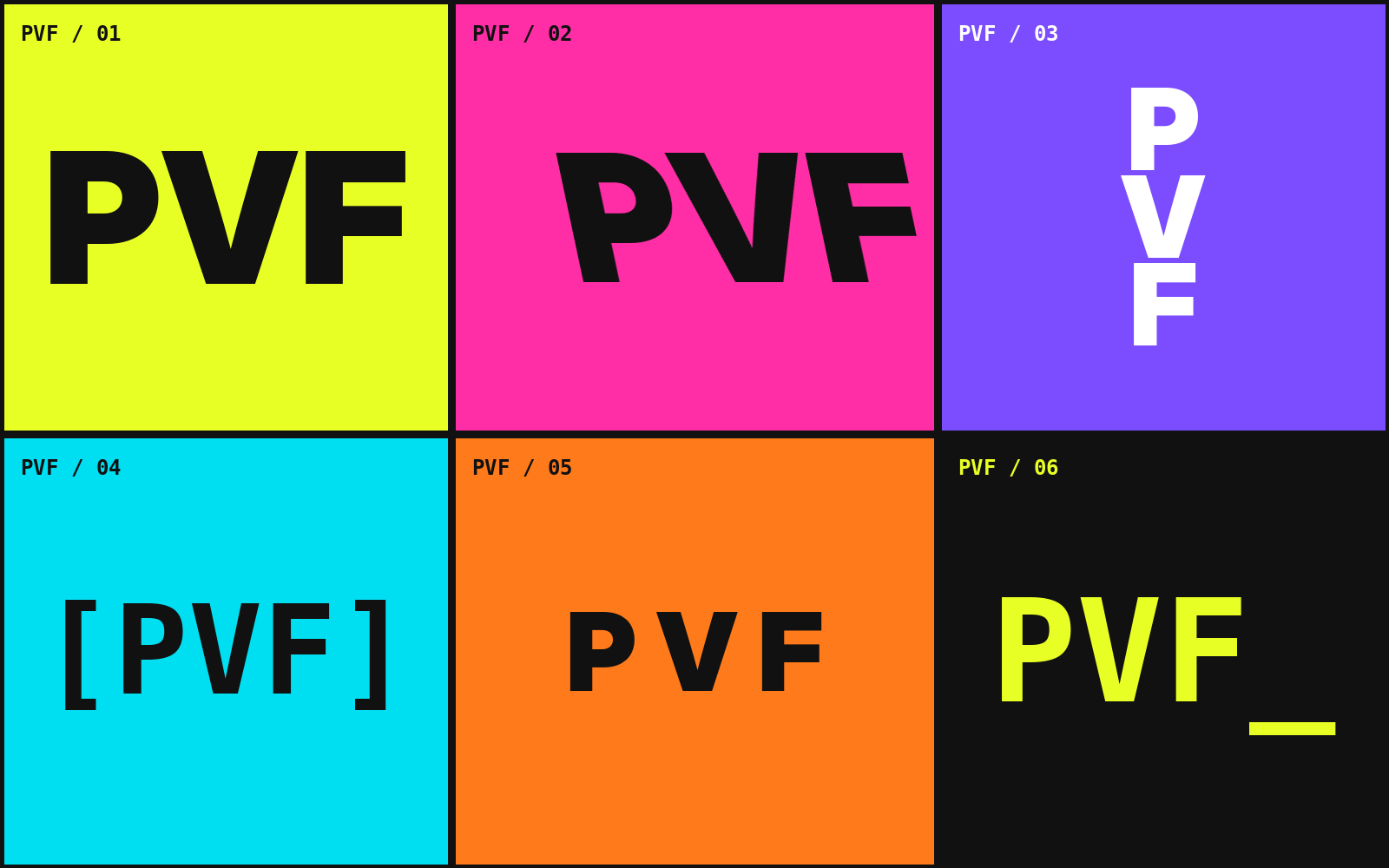 Grid of bold PVF typographic logo variations in neon colors